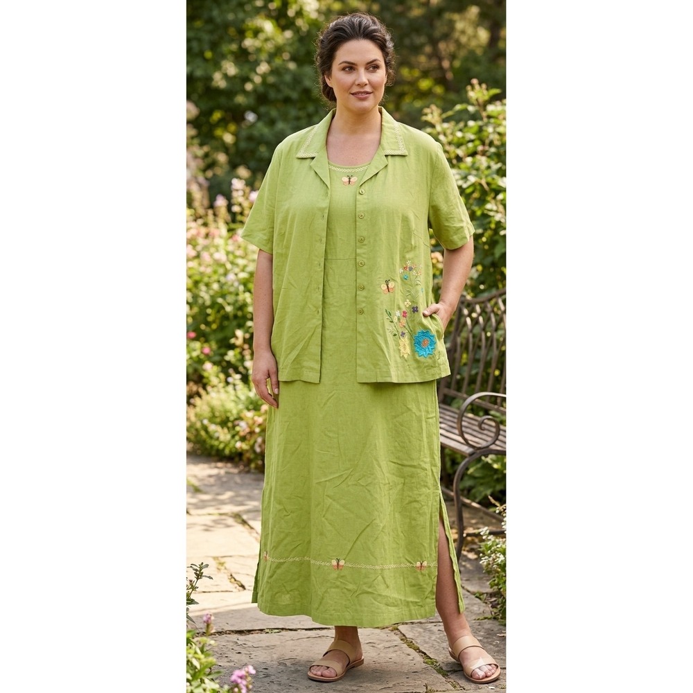 NWT Anna Maxwell 26W Lime Linen Blend 2pc Maxi Dress Shirt‎ Set Floral Butterfly